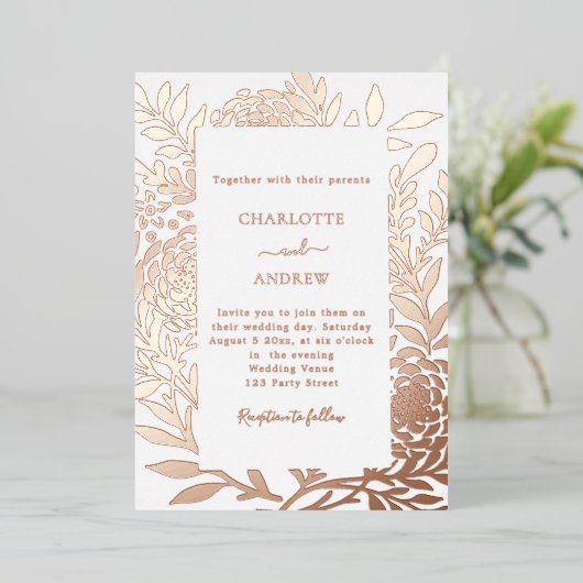 Invitation En Aluminium Rose gold botanical luxury wedding (Debout devant)