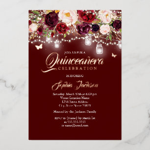 Invitation En Aluminium Rose Gold Bourgogne Floral Lumières Quinceanera