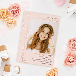 Invitation En Aluminium Rose Gold Calligraphie Photo Sweet 16 Fushia