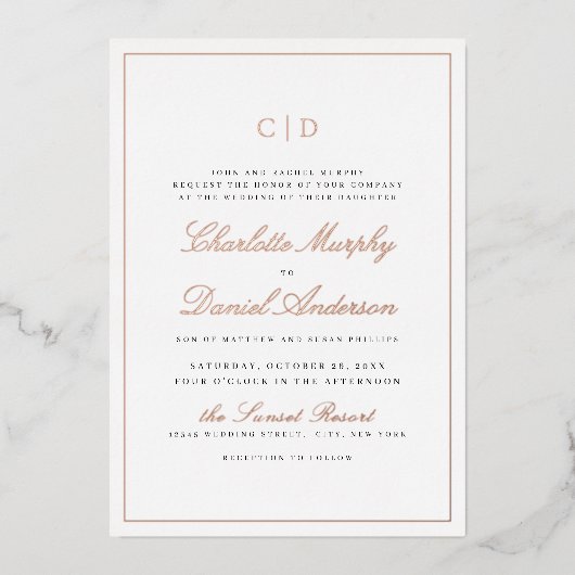 Invitation En Aluminium Rose Gold Classic Élégance Script Monogramme Maria (Recto)