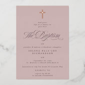 Invitation En Aluminium Rose Gold Cross Mauve Baptême (Recto)