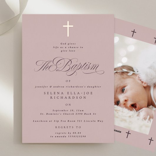 Invitation En Aluminium Rose Gold Cross Mauve Baptême