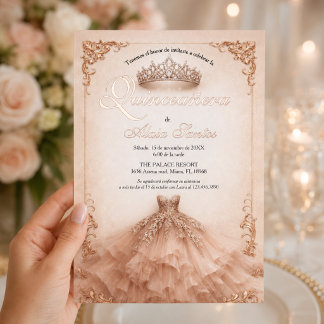 Invitation En Aluminium Rose Gold Crown and Ball Gown Spanish Quinceañera 