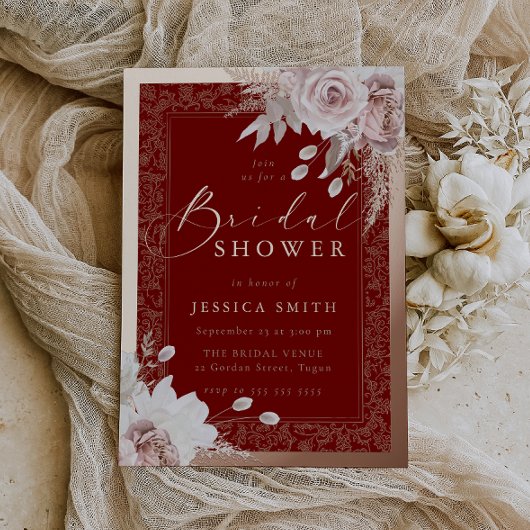 Invitation En Aluminium Rose Gold, Deep Red & Blush Floral Bridal Shower