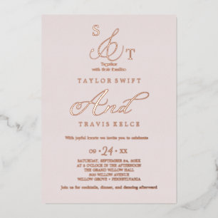 Invitation En Aluminium Rose Gold Délicate Feuille Mariage Monogramme Ro