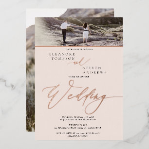 Invitation En Aluminium rose gold écriture blush 2 photos mariage