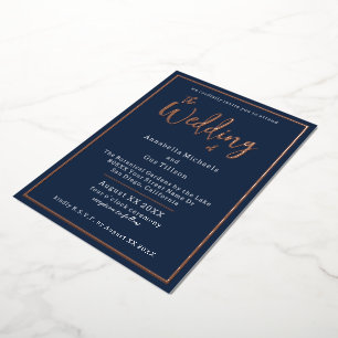Invitation En Aluminium Rose Gold Élégant en Relief sur Mariage Bleu Nuit