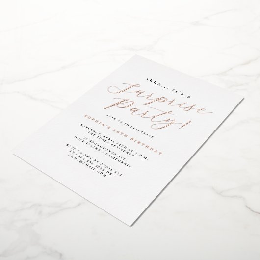 Invitation En Aluminium Rose Gold Elegant Script Surprise Party (Rotation)