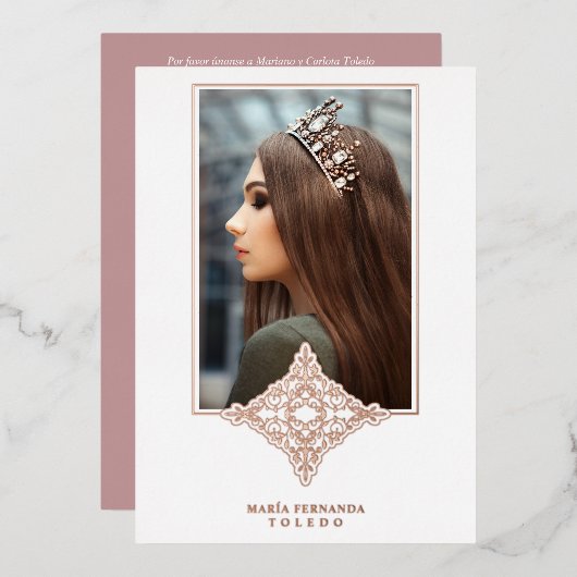 Invitation En Aluminium Rose Gold Encaje Español Real Metálico Mis Quince (Recto/Verso)
