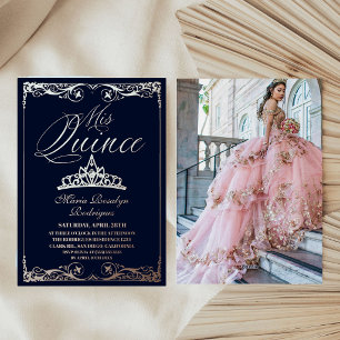 Invitation En Aluminium Rose Gold et Bleu Nuit Élégant Quinceanera Photo