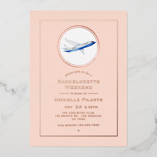 Invitation En Aluminium Rose Gold et Blush Travel Bachelorette Week-end (Recto)