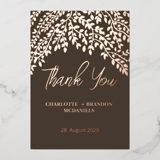 Invitation En Aluminium Rose Gold Feuille Mariage Merci Chocolat Brown (Recto)