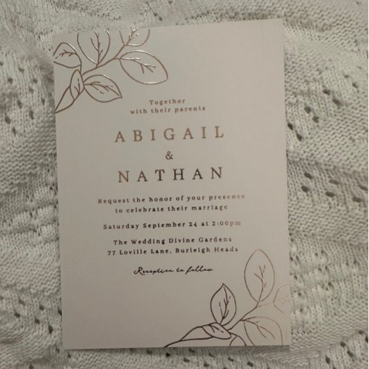 Invitation En Aluminium Rose Gold Feuilles mariage élégant