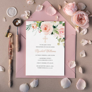 Invitation En Aluminium Rose Gold Floral Blush Aquarelle Baptême