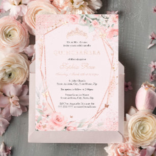 Invitation En Aluminium Rose Gold Floral Blush Rose Papillon Quinceanera