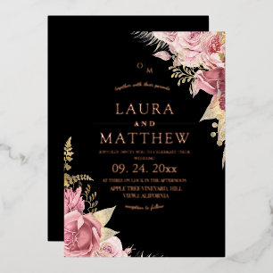 Invitation En Aluminium Rose Gold Floral Élégant Mariage Sombre Dusty Blus