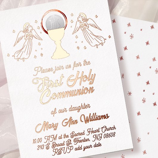 Invitation En Aluminium rose gold foil angels First Communion