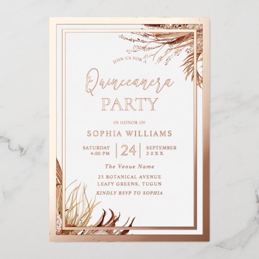 Invitation En Aluminium Rose Gold Foil Bohemian Boho Quinceanera Party (Recto)