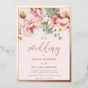 Invitation En Aluminium Rose Gold Foil Bordure Dusty Rose Floral Mariage