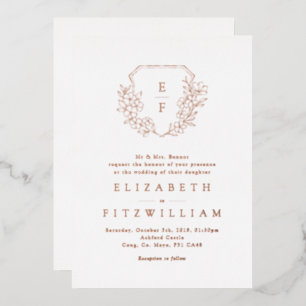 Invitation En Aluminium Rose Gold Foil Cherry Blossom Bloom Monogram Crest