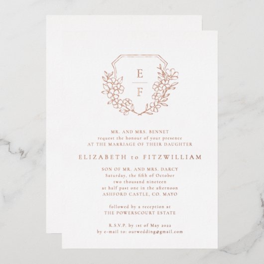 Invitation En Aluminium Rose Gold Foil Cherry Blossom Monogram Crest (Recto/Verso)