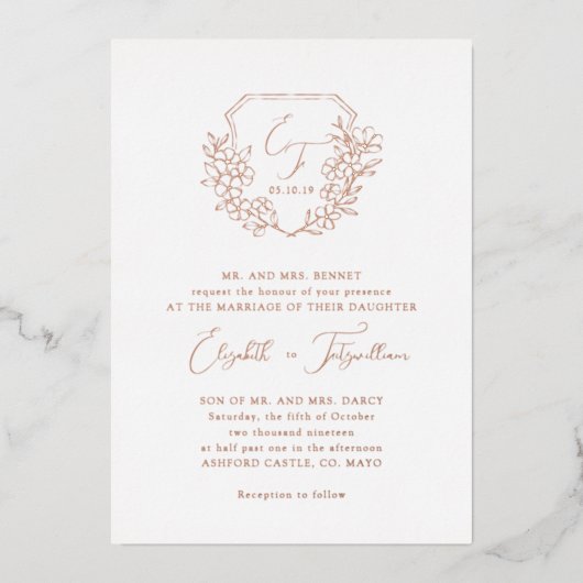 Invitation En Aluminium Rose Gold Foil Cherry Blossom Monogram Crest (Recto)