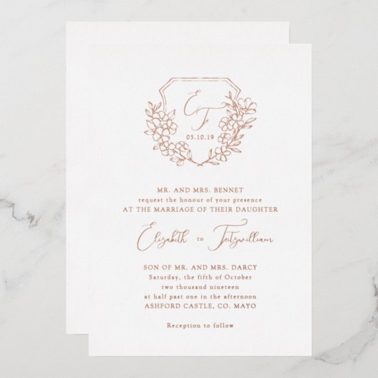 Invitation En Aluminium Rose Gold Foil Cherry Blossom Monogram Crest (Recto/Verso)