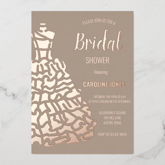 Invitation En Aluminium Rose Gold Foil Élégante robe Fête des mariées (Recto)