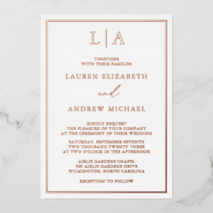 Invitation En Aluminium Rose Gold Foil Monogramme Bordure Mariage Minimali