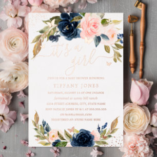Invitation En Aluminium ROSE GOLD FOIL Rose Navy Floral Fête de Naissance