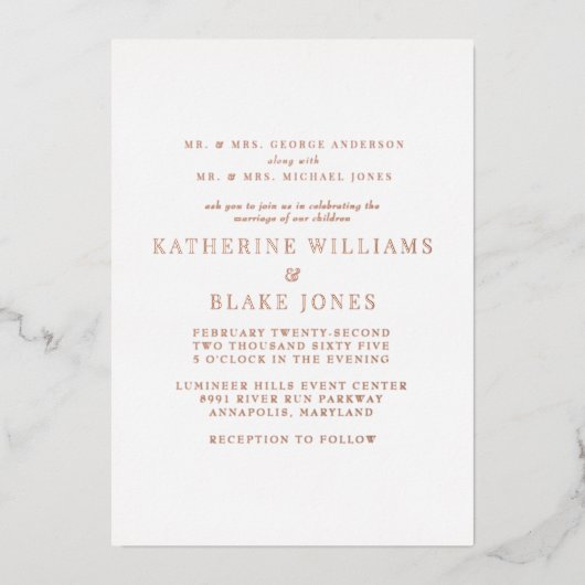Invitation En Aluminium Rose Gold Les deux parents Mariage (Recto)