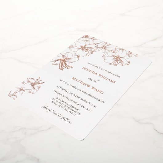 Invitation En Aluminium Rose Gold Line Art Lilies Wedding (Rotation)