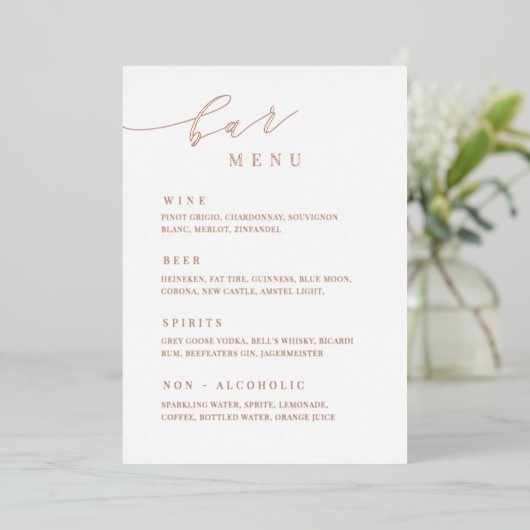 Invitation En Aluminium Rose Gold Mariage Bar Menu Table de réception Pann (Debout devant)