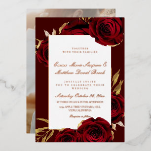 Invitation En Aluminium Rose Gold métallisé Bourgogne Rouge Fleurs Mariage