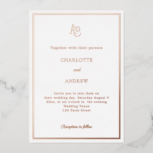 Invitation En Aluminium Rose gold modern monogram luxury wedding (Recto)