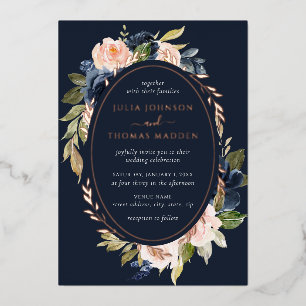 Invitation En Aluminium Rose Gold Navy Blush Mariage Floral Foliage