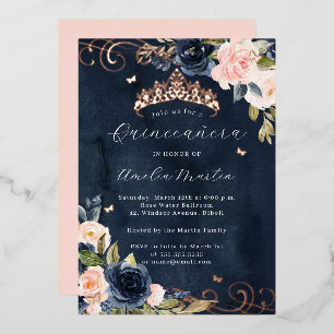 Invitation En Aluminium Rose Gold Navy Pink Floral Swirl Quinceanera