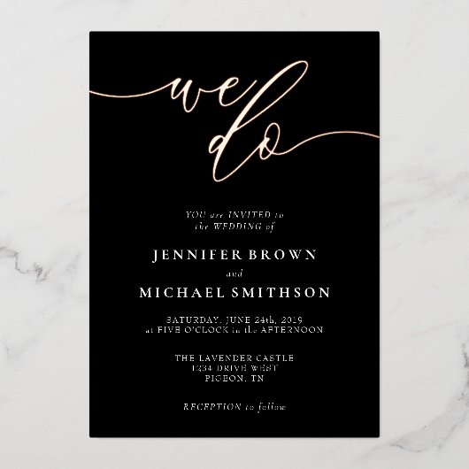 Invitation En Aluminium Rose Gold Noir Calligraphie Mariage (Recto)