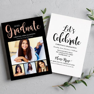Invitation En Aluminium Rose Gold Noir Tendance Diplômé Multi Photo