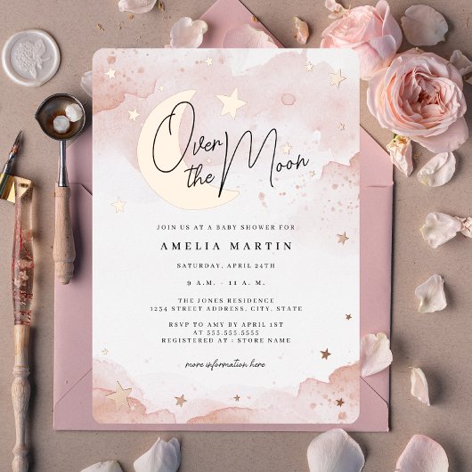 Invitation En Aluminium Rose Gold Over the Moon Blush Baby shower