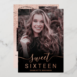 Invitation En Aluminium Rose gold pailleté ombre rose 5 photos sweet 16