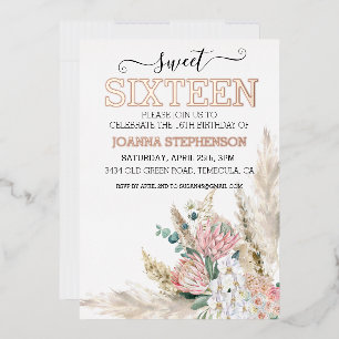 Invitation En Aluminium Rose Gold Real Foil Sweet 16 Seize Bohème Floral 