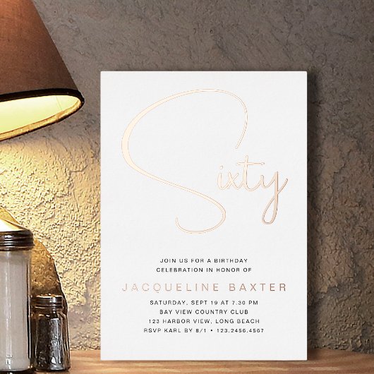 Invitation En Aluminium Rose Gold Script 60e fête d'anniversaire
