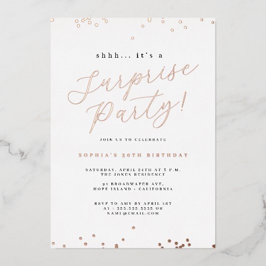 Invitation En Aluminium Rose Gold Script Confetti Surprise Party (Recto)