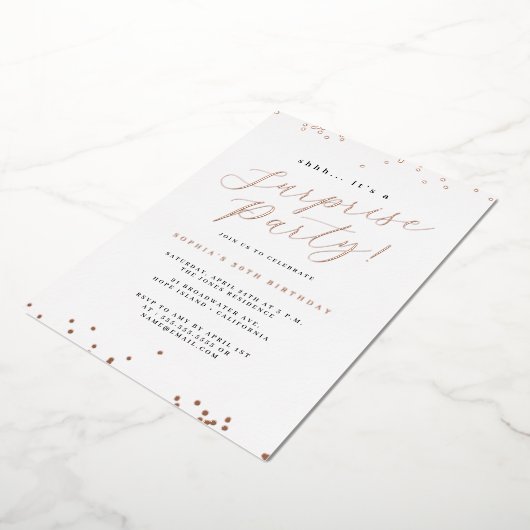 Invitation En Aluminium Rose Gold Script Confetti Surprise Party (Rotation)