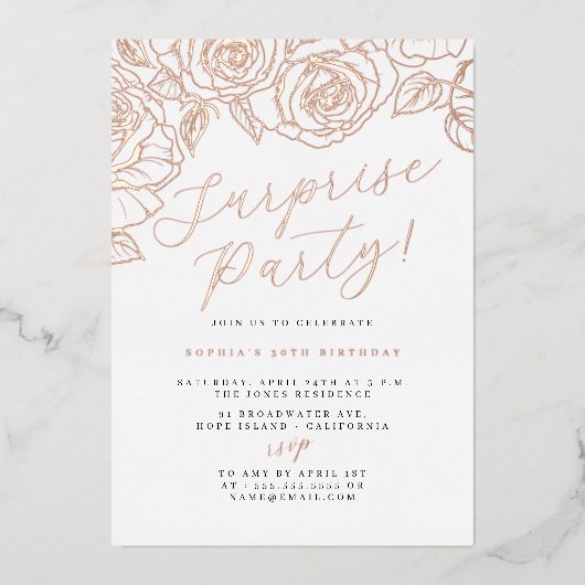 Invitation En Aluminium Rose Gold Script Floral Surprise Party (Recto)