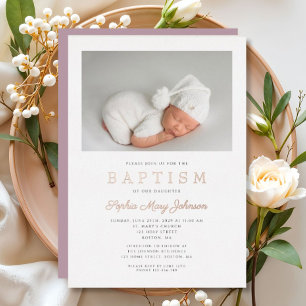 Invitation En Aluminium Rose Gold Script Purple Photo Girl Baptême