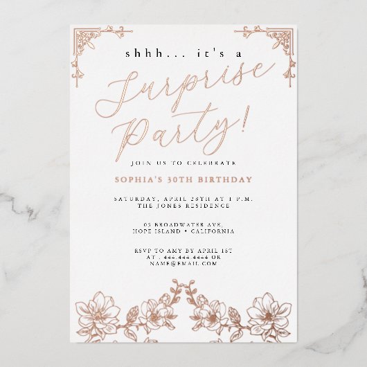 Invitation En Aluminium Rose Gold Script Rose Fête Surprise Foil (Recto)