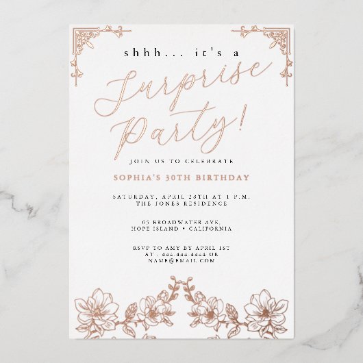 Invitation En Aluminium Rose Gold Script Rose Surprise Party Foil (Recto)