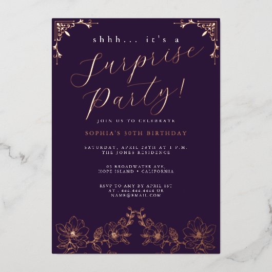 Invitation En Aluminium Rose Gold Script Rose Surprise Party Foil (Recto)